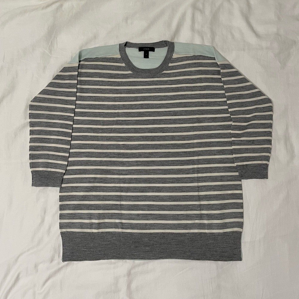 NWOT J. Crew Merino Wool Grey and Blue Striped Sweater